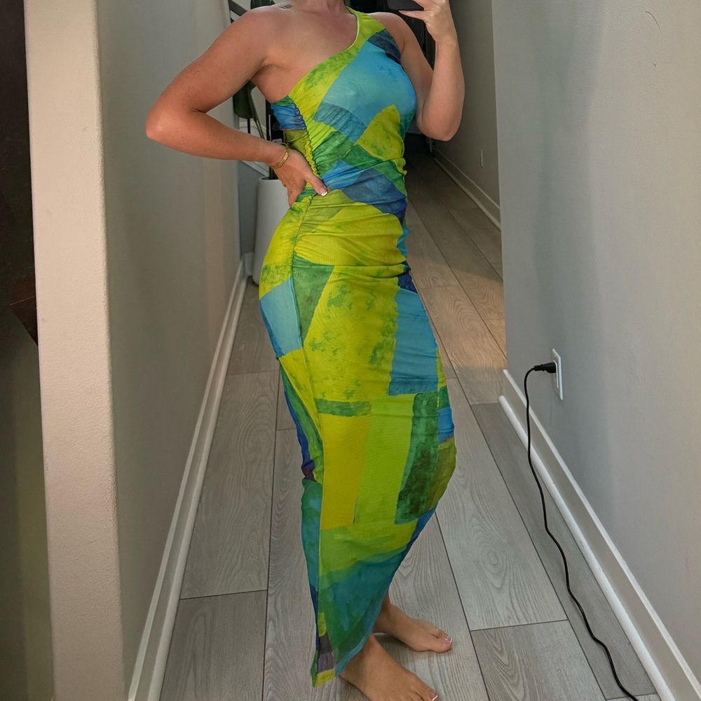 Blue and Green One-Shoulder Maxi Dress
